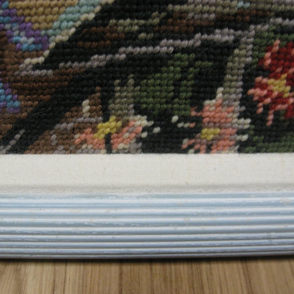 Custom Blue Framed Needlepoint Patio Floral Scene Framed Art Picture 13 x 18 - Picture 8 of 10